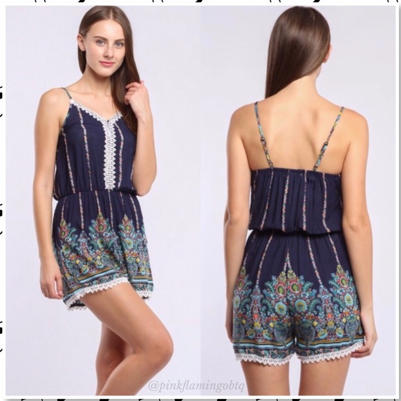 Pink Flamingo Boutique Pants - NEW Boho Crochet Spaghetti Strap Romper